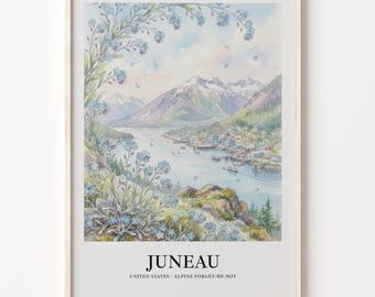 Juneau Poster, Watercolor Alaska Landscape With Alpine Forget-Me-Nots