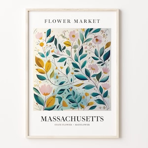 Impresión artística de la flor del estado de Massachusetts, arte mural del Mayflower de la década de 1960, obra de arte botánica en tonos pastel neutros, mercado de flores de Massachusetts, C31-72
