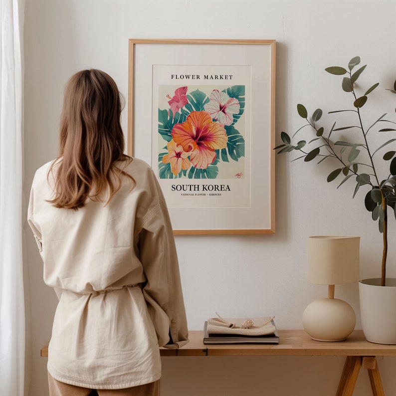South Korea Hibiscus Art Print: 1960s Pastel Botanical Wall Art imagen 6