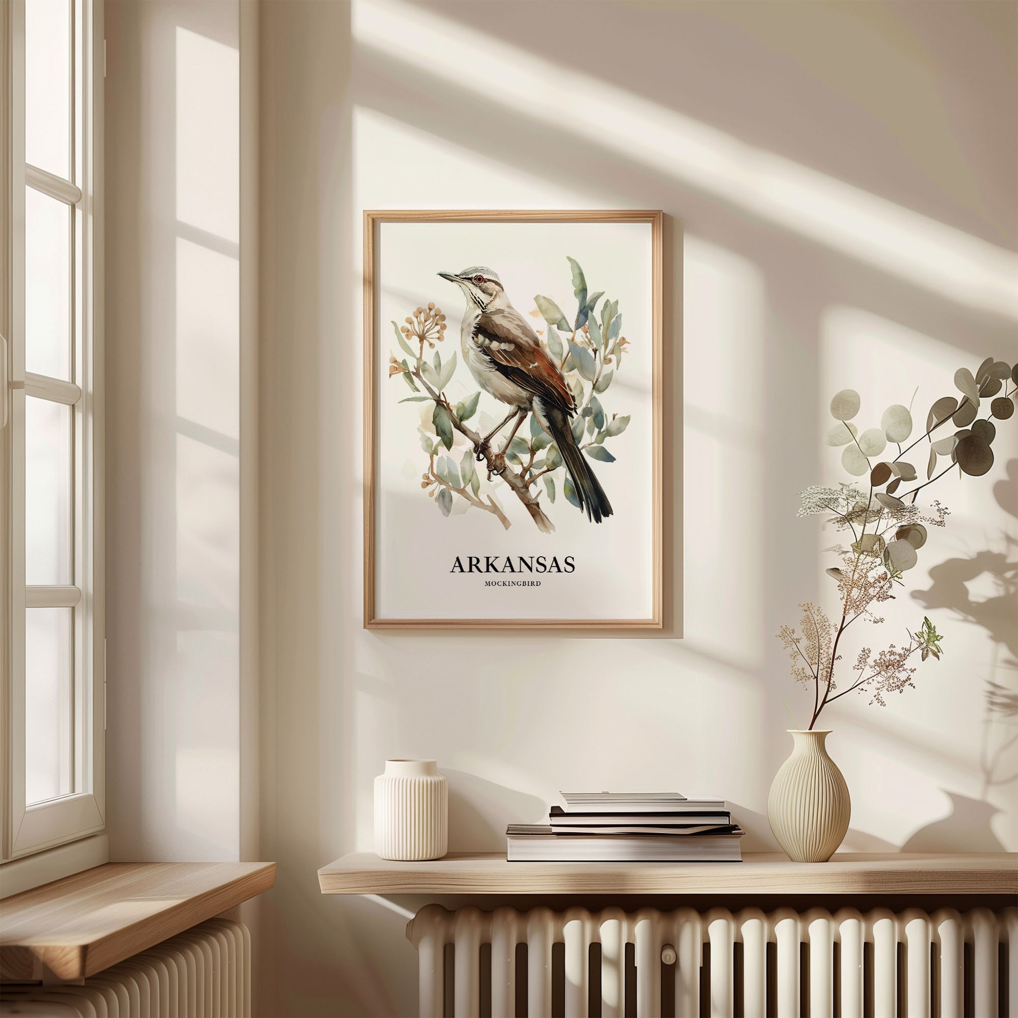 Arkansas State Bird Art Print: Mockingbird & Apple Blossom Illustration ...