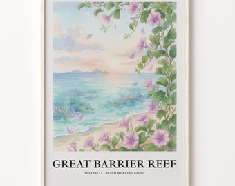Reef Poster, Great Barrier Watercolor Coastal Landscape Print