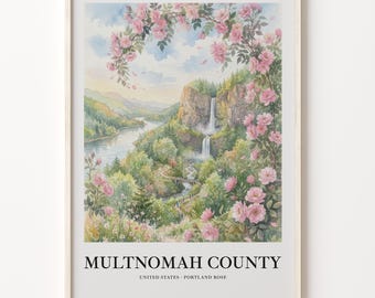 Botanical Art Print, Multnomah County Waterfall and Pink Rose Landscape