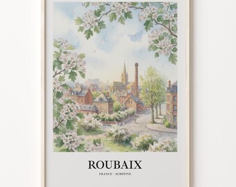 Watercolor Cityscape Poster, Roubaix France Print With Floral Border
