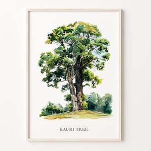 May include: A watercolor painting of a Kauri tree, a large evergreen tree native to New Zealand. The tree is depicted in a lush green color with a brown trunk and branches. The painting is set against a white background with the text "KAURI TREE" at the bottom.