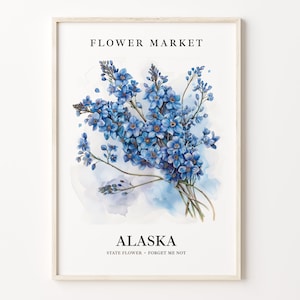 Alaska State Flower Art Print, Forget Me Not Wall Art, 1960&#39;s Botanical Pastel, Neutral Alaska Flower Market Decor, C31-69