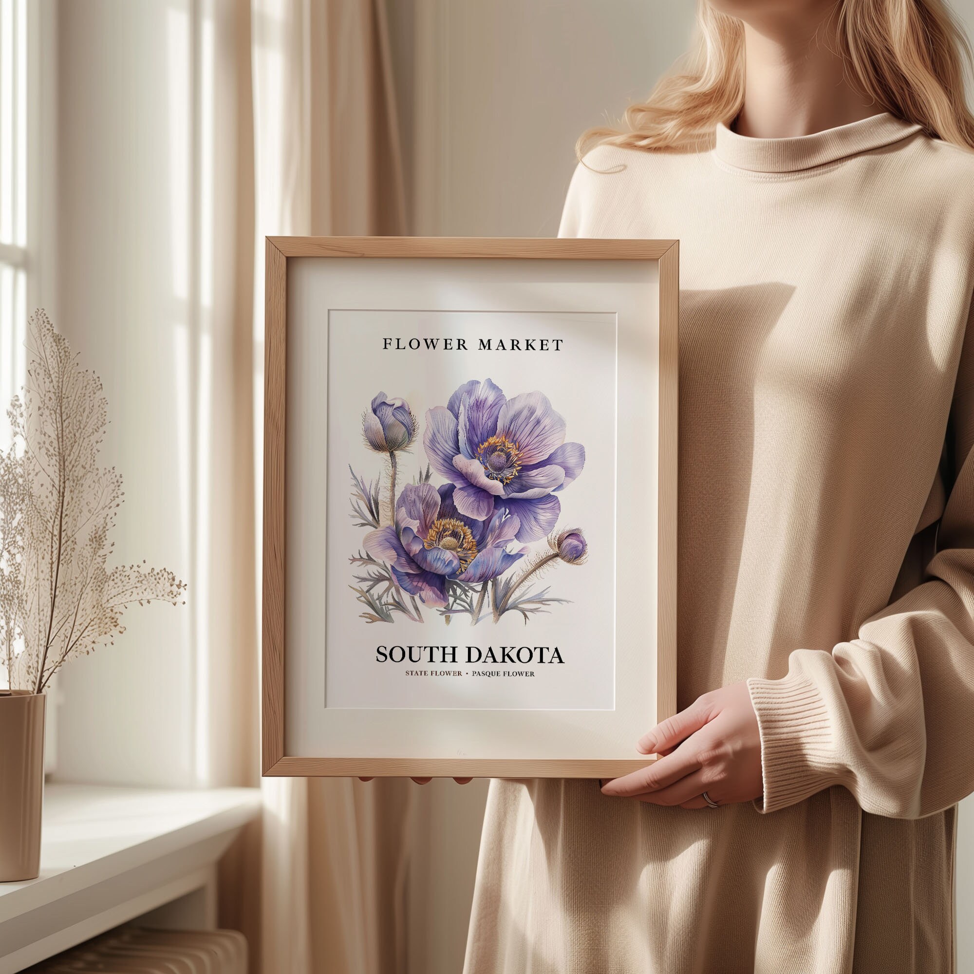 Pasque Flower Art Print: South Dakota State Flower, Botanical