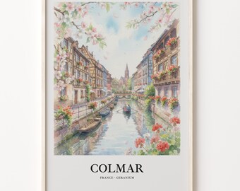 Colmar Poster, Watercolor Canal Cityscape on 200 gsm Matte Paper