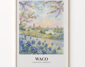 Waco Art Print, Watercolor Cityscape With Bluebonnets on 200 Gsm Matte Paper