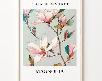 Magnolia Flower Market Art Print: Botanical Pastel Illustration