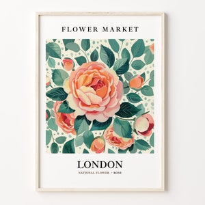 Impresión de arte del mercado de flores de Londres, Inglaterra, cartel de arte de pared de flores de rosas, decoración floral del hogar, arte botánico vintage, C31-409