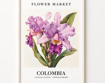 Colombia National Flower Art Print, Cattleya Orchid 1960&#39;s Wall Art, Neutral Botanical Pastel Artwork, Colombia Flower Market Decor, C31-293