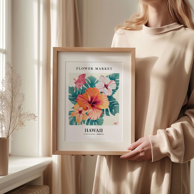 Hawaiian Hibiscus Art Print: 1960s Botanical Pastel Wall Decor image 4