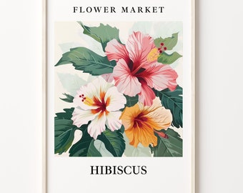 Hibiscus Flower Market Art Print: Pastel Botanical Illustration