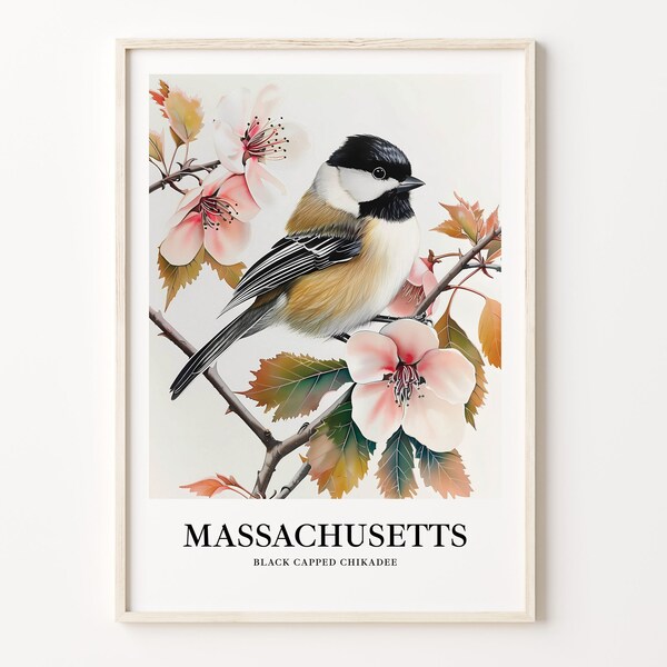Massachusetts State Bird & Flower Art Print: Black-Capped Chickadee