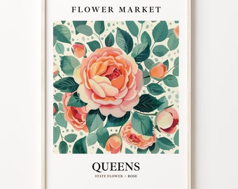 Queens Flower Market Art Print: Botanical Rose Pastel Artwork
