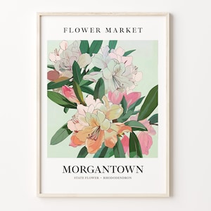 Morgantown West Virginia Flower Market Art Print, Rhododendron Wall Art, Botanical Pastel Artwork, Morgantown Flower Decor, C31-215