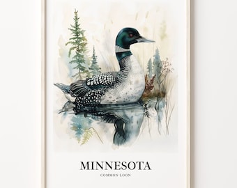 Minnesota State Bird Art Print: Common Loon & Lady Slipper Illustration