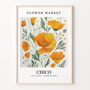 May include: A framed print featuring a botanical illustration of California poppies, the state flower of Chico, California. The print has the text "FLOWER MARKET" at the top and "CHICO STATE FLOWER - CALIFORNIA POPPY" at the bottom.