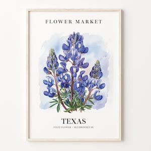 Texas State Flower Art Print, Bluebonnet 1960's Wall Art, Texas Flower Market, Neutral Botanical Pastel Decor, C31-50