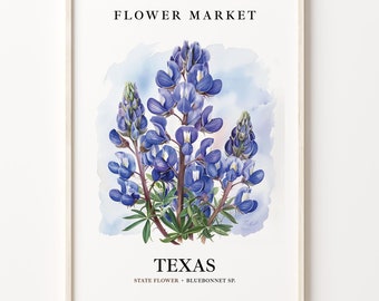 Texas State Flower Art Print, Bluebonnet 1960&#39;s Wall Art, Texas Flower Market, Neutral Botanical Pastel Decor, C31-50