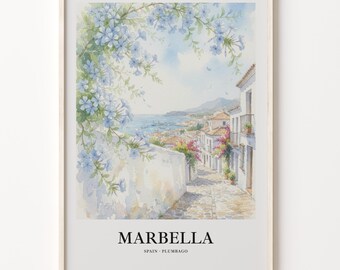 Watercolor Travel Poster, Marbella Spain Coastal View With Blue Flowers