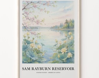 Botanical Landscape Giclee Art Print, Sam Rayburn Lotus Watercolor