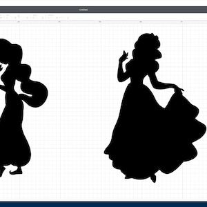 Op de afbeelding: Silhouetten van twee prinsessen, een met lang, golvend haar dat een bloem vasthoudt en de andere met een zwierige jurk.