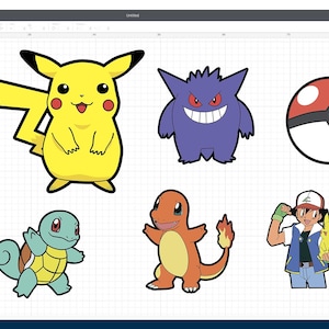 May include: A collection of colorful cartoon character cutouts, including Pikachu, Gengar, and a Pok&eacute; Ball. The characters are outlined in black and are set against a white background.
