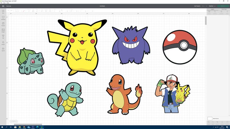 May include: A collection of colorful cartoon character cutouts, including Pikachu, Gengar, and a Pok&eacute; Ball. The characters are outlined in black and are set against a white background.