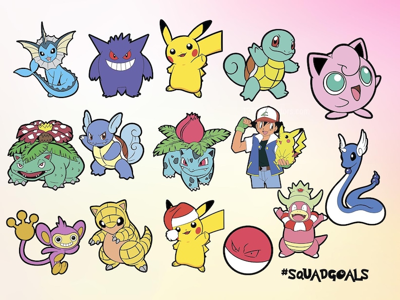 May include: A colourful illustration of various Pokemon characters, including Pikachu, Bulbasaur, Charmander, Squirtle, and more. The characters are arranged in a playful and dynamic composition, with the hashtag #SquadGoals at the bottom.
