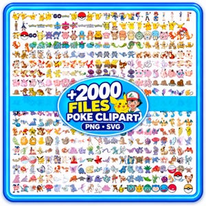 Puede incluir: Una colección digital de más de 2000 ilustraciones de personajes e iconos coloridos dispuestos en una cuadrícula. La insignia ovalada azul central presenta el texto +2000 FILES POKE CLIPART PNG SVG junto a un personaje amarillo.