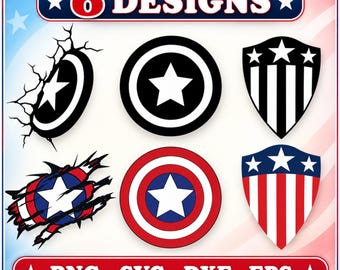 6 Designs America Shield Svg Png, Captain Shield Clipart, Cricut, Vector Cut File