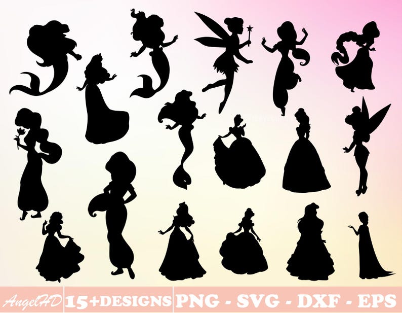 Op de afbeelding: Een set van 15 zwart-witte silhouetbeelden van prinsessen en fee&euml;n. De afbeeldingen zijn in verschillende poses, waaronder staand, zittend en vliegend. De afbeeldingen zijn perfect voor gebruik in knutselen, scrapbooking of digitaal ontwerp.