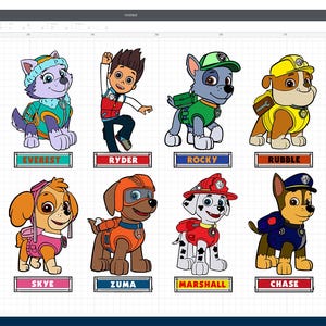 May include: A collection of cartoon character images from the Paw Patrol series. The characters include Everest, Ryder, Rocky, Rubble, Skye, Zuma, Marshall, and Chase. Each character is depicted in full color with their names displayed below.