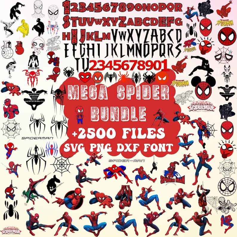 2500+ bestanden Spiderman-bundel gelaagd item, Spiderman-lettertype, Spider Man-clipartbestand, +190 unieke ontwerpen afbeelding 1
