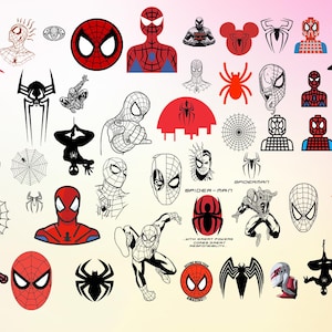 Op de afbeelding: Een verzameling Spider-Man-clipart-afbeeldingen in rood en zwart. De afbeeldingen omvatten een spinnenweb, een spin, een Spider-Man-masker en een Spider-Man-logo.