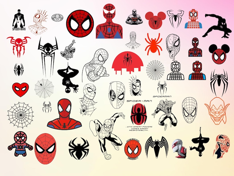 Op de afbeelding: Een verzameling Spider-Man-clipart-afbeeldingen in rood en zwart. De afbeeldingen omvatten een spinnenweb, een spin, een Spider-Man-masker en een Spider-Man-logo.