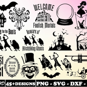 Peut inclure: Un ensemble de 45 designs numériques sur le thème d'Halloween en noir et blanc, comprenant un manoir hanté, des fantômes, des chauves-souris, un cimetière, une trompette, un carrosse et le texte "Here for the Boo's", "Welcome", "Foolish Mortals", "Beware of Hitchhiking Ghosts", et "Ghost Host".