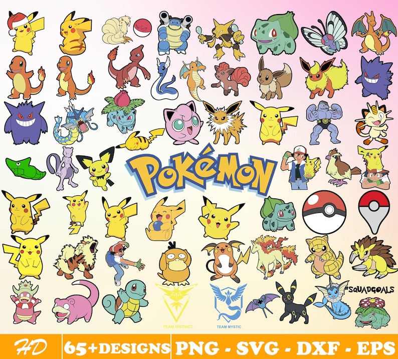 May include: A collection of 65+ Pok&eacute;mon character designs in a variety of poses and expressions. The designs are in a cartoon style and feature a variety of colours, including red, blue, green, yellow, and purple. The designs are perfect for use in crafting projects, scrapbooking, or digital design.