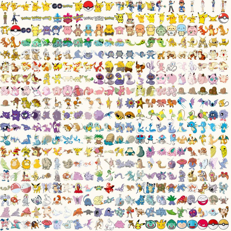 May include: A collection of various Pok&eacute;mon characters in different poses and colors. The image includes popular characters like Pikachu, Charmander, and Squirtle, along with the Pok&eacute;mon Go logo and a Pok&eacute;ball.