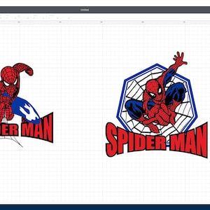Op de afbeelding: Twee afbeeldingen van een rood en blauw Spider-Man-personage. De eerste afbeelding toont Spider-Man die aan een web slingert met de tekst "SPIDER-MAN" eronder. De tweede afbeelding toont Spider-Man in een web met de tekst "SPIDER-MAN" eronder.