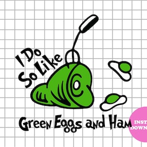 Pode incluir: Ilustração fantasiosa de ovos verdes com presunto, com o texto "I Do So Like" e "Green Eggs and Ham". O design inclui presunto verde, dois ovos fritos e um círculo rosa com "Download instantâneo".