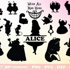 Alice in Wonderland Svg Bundle, Alice in Wonderland Png,  Alice in Wonderland Split Silhouette Clipart Vector Cut File