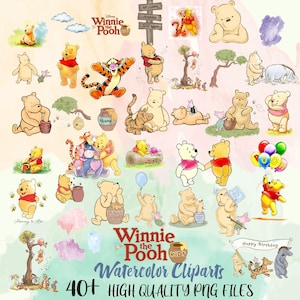 Classic Winnie The Pooh Png Clipart Bundle, Digital Watercolor Winnie Cliparts File, Winnie, Piglet, Eeyore.. High Quality INSTANT DOWNLOAD