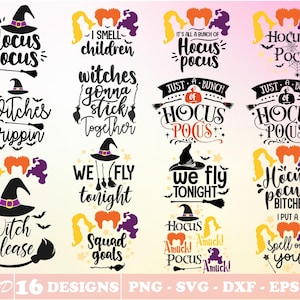 Puede incluir: Un conjunto de 16 diseños digitales de temática de Halloween con varias frases e imágenes relacionadas con la película Hocus Pocus. Los diseños incluyen texto como "Hocus Pocus", "Witches Trippin", "We Fly Tonight" y "Squad Goals".