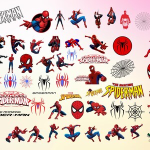 Op de afbeelding: Een verzameling kleurrijke cartoonafbeeldingen met Spiderman in verschillende poses en omgevingen. De afbeeldingen bevatten de tekst "The Amazing Spiderman", "Ultimate Spiderman" en "Spiderman".