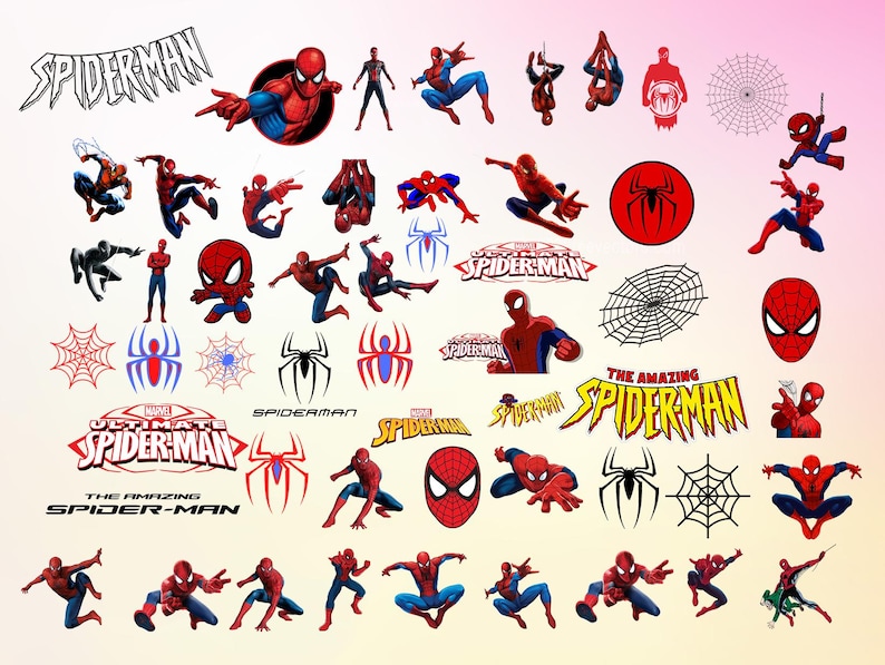 Op de afbeelding: Een verzameling kleurrijke cartoonafbeeldingen met Spiderman in verschillende poses en omgevingen. De afbeeldingen bevatten de tekst "The Amazing Spiderman", "Ultimate Spiderman" en "Spiderman".