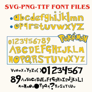 May include: A digital font file graphic with the text "SVG-PNG-TTF FONT FILES" in red. The image displays various font styles, including a yellow font with blue accents and a black font. The word "Pok&eacute;mon" is also displayed.