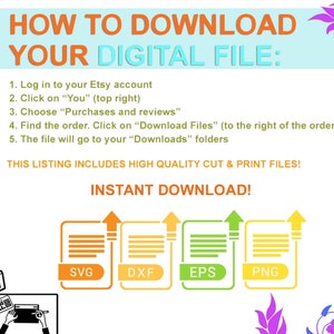 May include: A digital download guide with instructions on how to download files from Etsy. The text includes steps to access the files, along with file format icons for SVG, DXF, EPS, and PNG. The phrase "Instant Download" is also displayed.