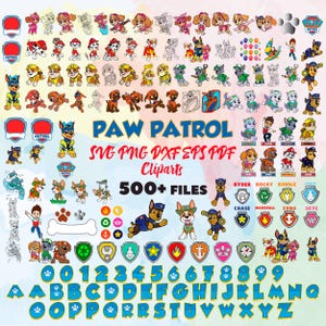 Könnte beinhalten: Eine Sammlung farbenfroher Paw Patrol Cliparts. Das Bild zeigt verschiedene Charaktere, Abzeichen, Zahlen und Buchstaben. Der Text "Paw Patrol" und "500+ Files" sind ebenfalls zu sehen. Geeignet für digitale Designprojekte.